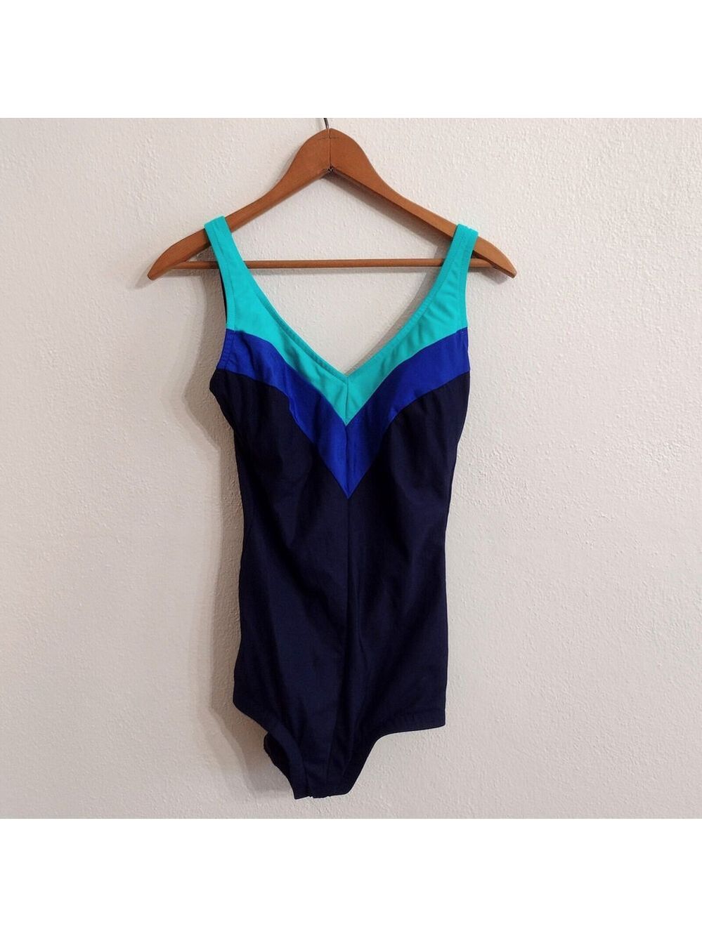 Vintage 90s Slim Allure Black Blue Multi Stripe One Piece Swimsuit Low Back Size